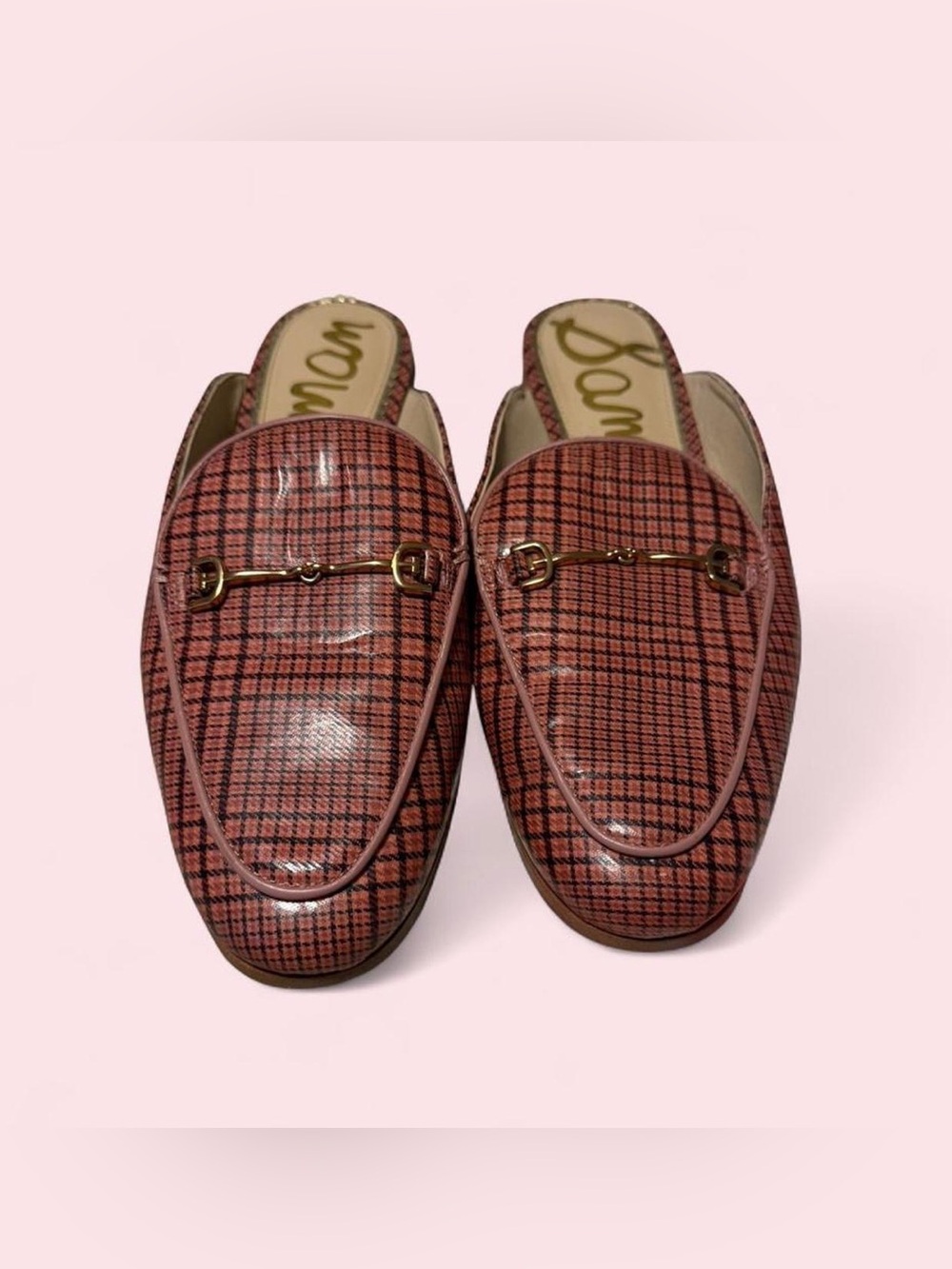 Sam Edelman Pink Plaid Patent Leather Horsebit Mules